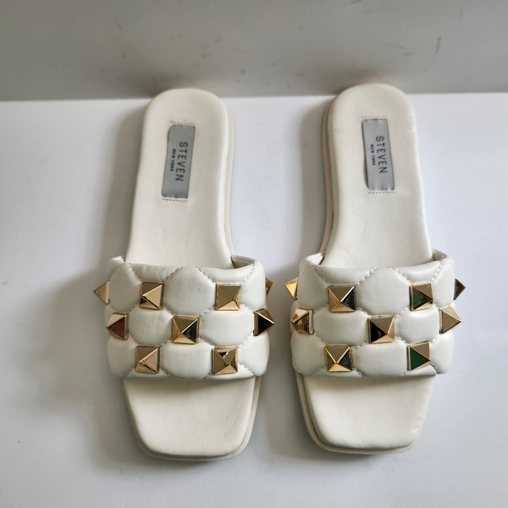 Steven New York White Gold Embellished Sandals Yuri Size 6 Womens Summer Slides